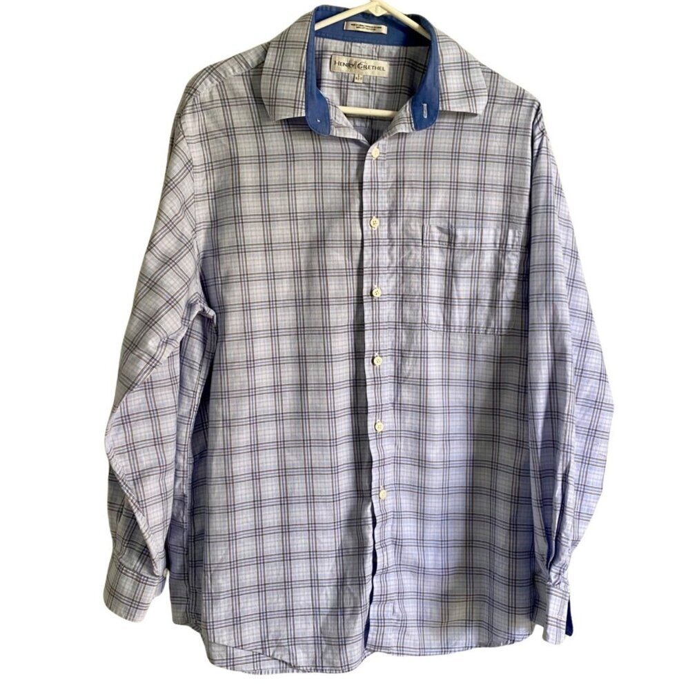 Henry Grethel Blue Long Sleeve Cotton Button Down Shirt Men's Large